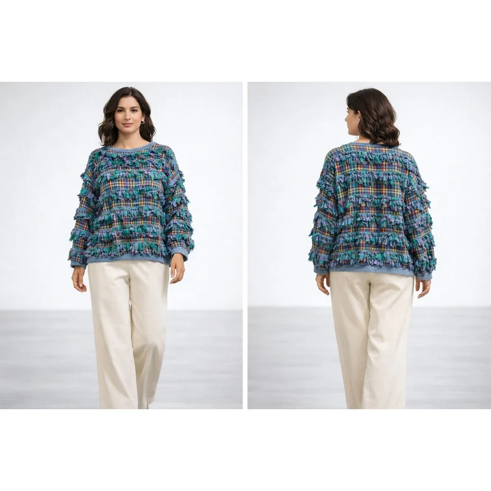 VTG Paula Sweet Sweatshirt Women's Muslin Mink Fringed Pullover Patchwork Medium